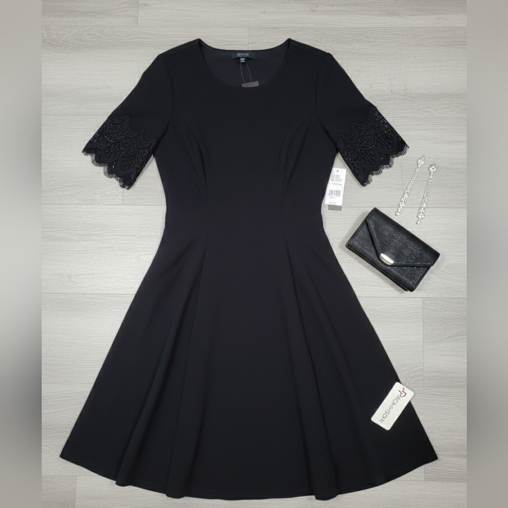 NWT Isaac Mizrahi IMNYC Black A-Line Dress with Scalloped Lace Sleeves Size XS